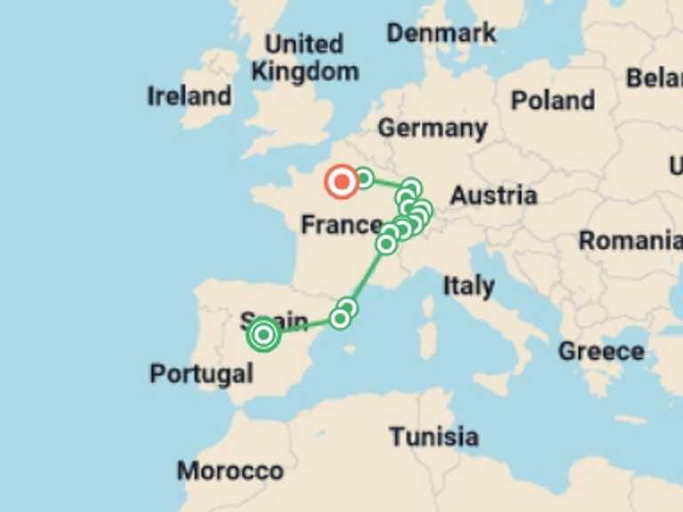 Map itinerary of Strasbourg Tour in October 2025 with 8 destination visits for the trip: Spain and Switzerland with enchanted Alsace