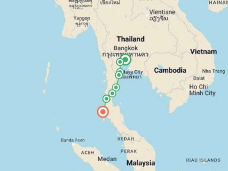 Map itinerary of Thailand Tour in November 2026 with 9 destination visits for the trip: Cycling Coastal Thailand