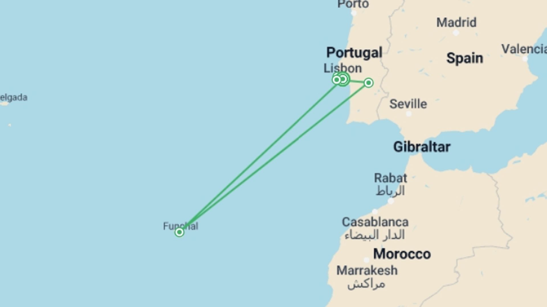 A map showing the tour itinerary for the trip: Best of Lisbon and Madeira in 9 days, starting in Lisbon, Portugal and ending in Lisbon, Portugal going through 2 other destinations.