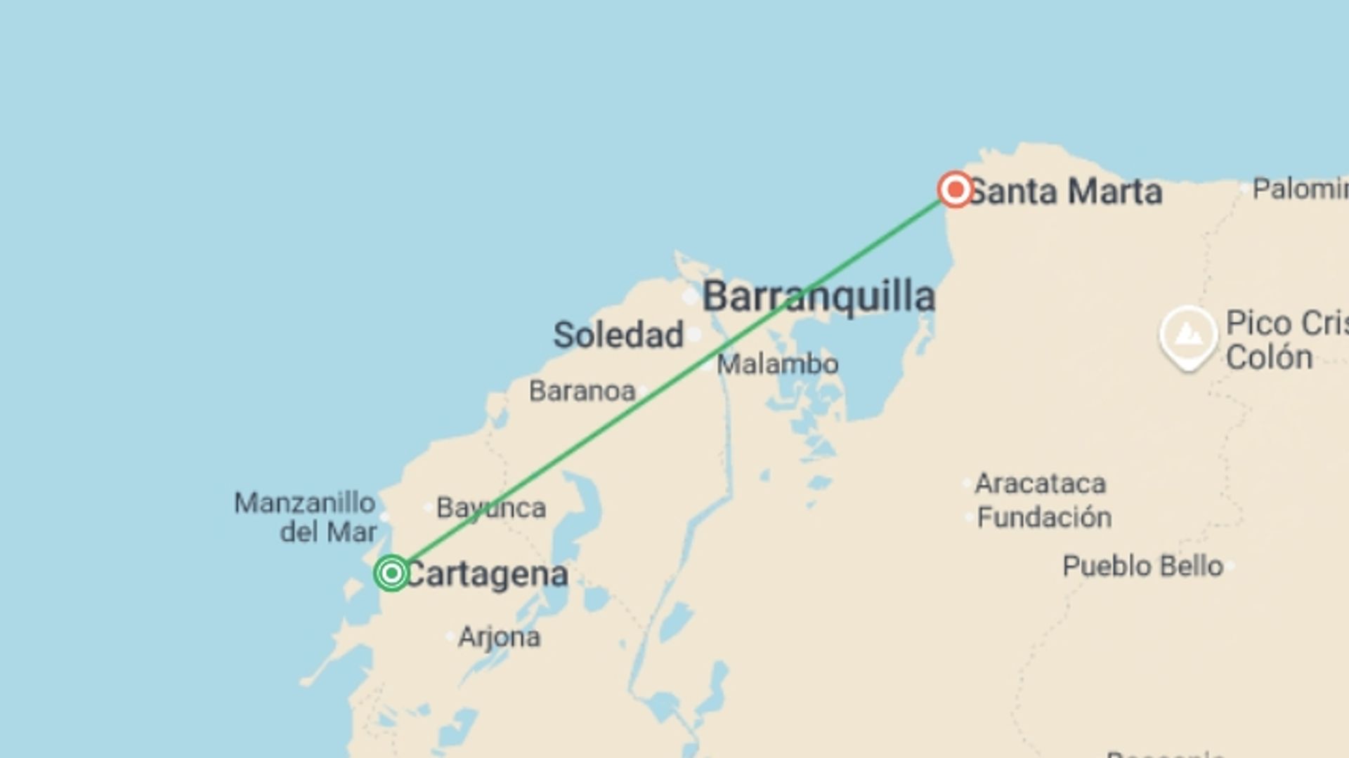 A map showing the tour itinerary for the trip: Caribbean Coast Adventure 5D/4N, starting in Cartagena, Colombia and ending in Santa Marta, Colombia going through 0 other destinations.