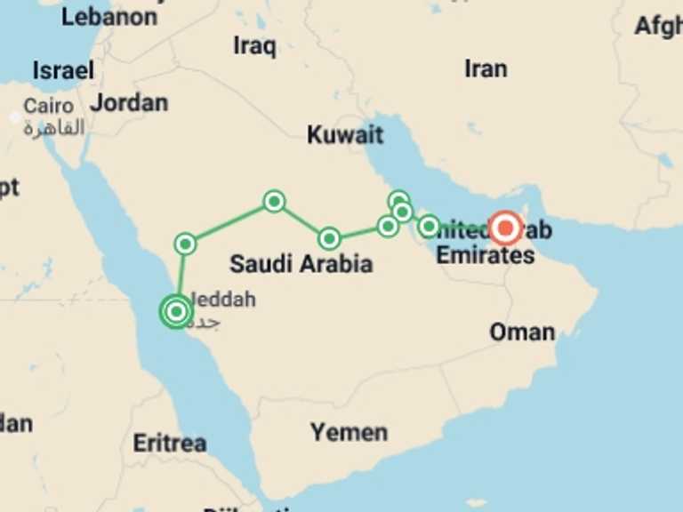Map itinerary of Dubai Tour in December 2025 with 9 destination visits for the trip: Saudi Arabia with Bahrain, Qatar and Emirates end Dubai