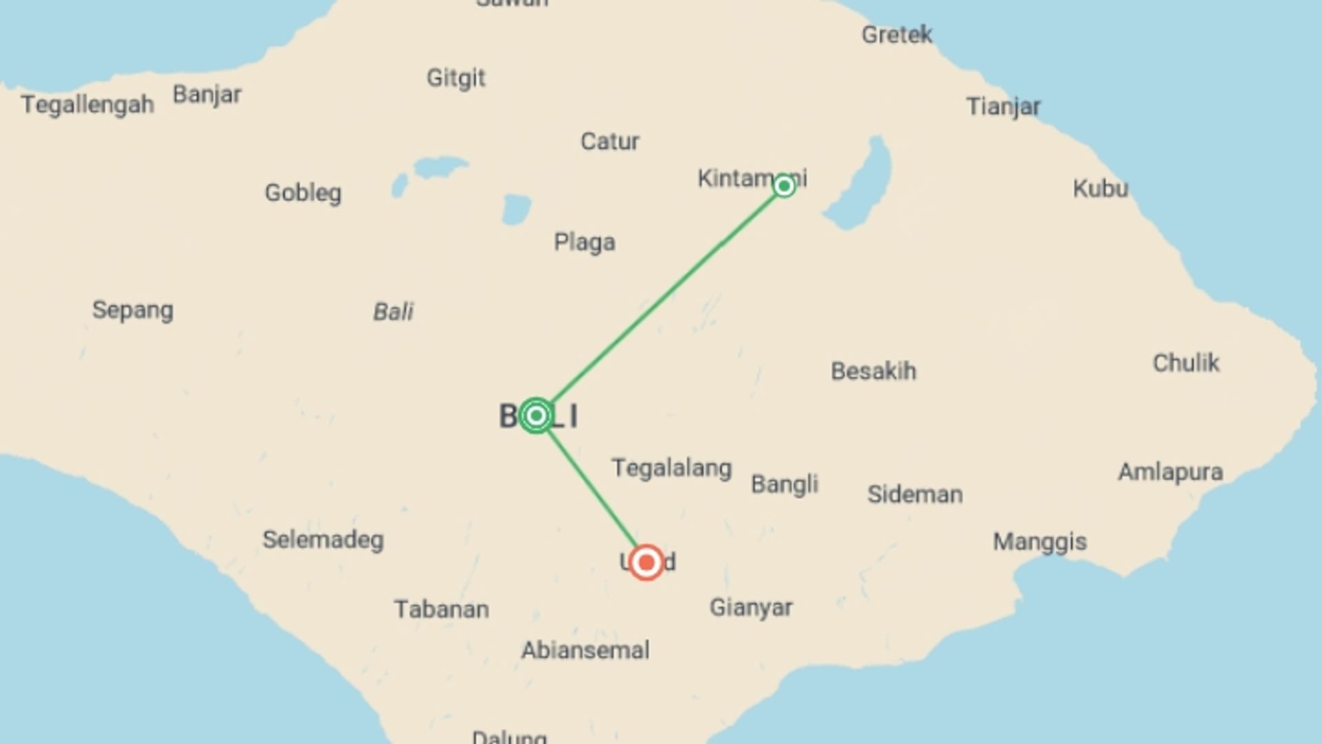 A map showing the tour itinerary for the trip: Magic of Bali And Ubud, starting in Bali, Indonesia and ending in Ubud, Indonesia going through 0 other destinations.