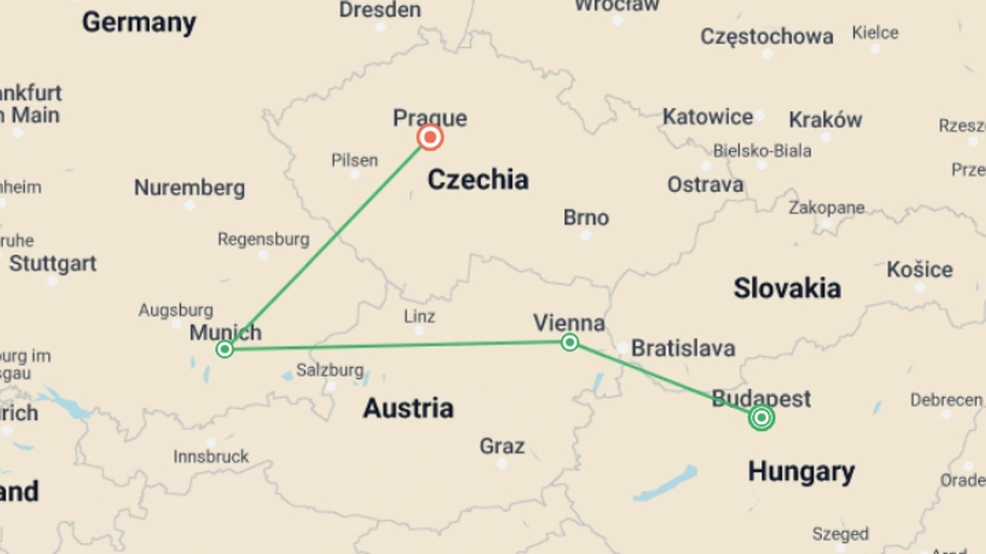 A map showing the tour itinerary for the trip: Enchanting Europe : Budapest to Prague (4 Star Hotels), starting in Budapest, Hungary and ending in Prague, Czech Republic going through 2 other destinations.