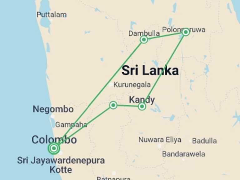 Map of Sri Lanka Tour with 3 destination visits for the trip: Cultural Tour