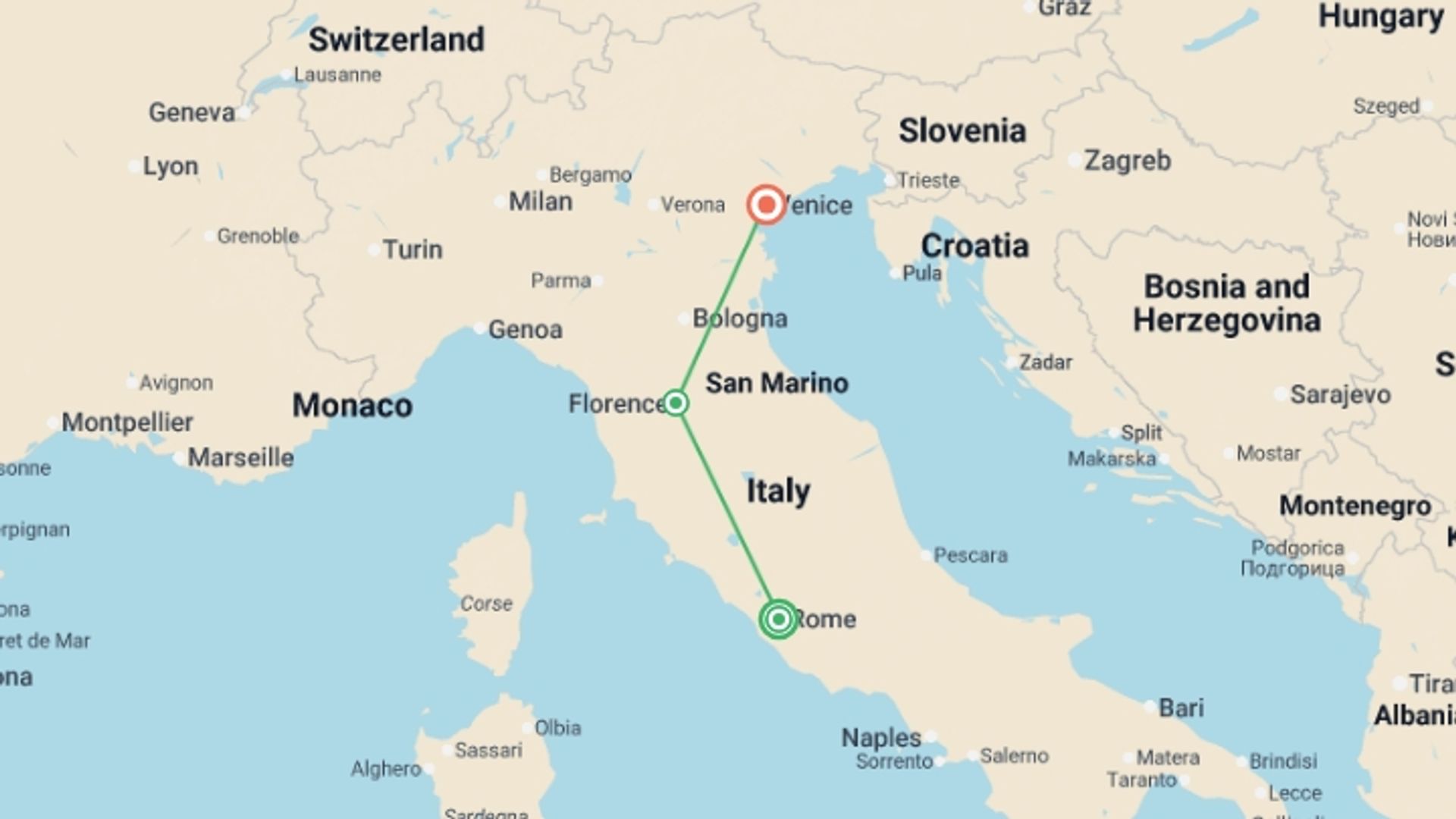 A map showing the tour itinerary for the trip: A Week in Italy: Rome, Florence & Venice, starting in Rome, Italy and ending in Venice, Italy going through 1 other destinations.