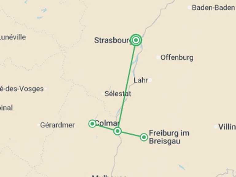 Map itinerary of Europe Tour in November 2026 with 2 destination visits for the trip: A Bountiful Christmas in Alsace and the Black Forest (port-to-port cruise)