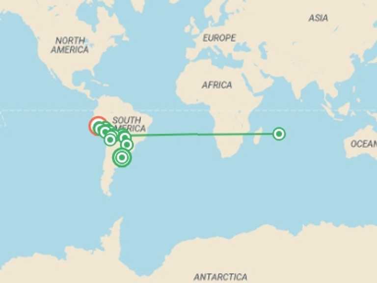 Map itinerary of South America Tour in November 2026 with 25 destination visits for the trip: Buenos Aires to Lima (via Pantanal) Travel Pass