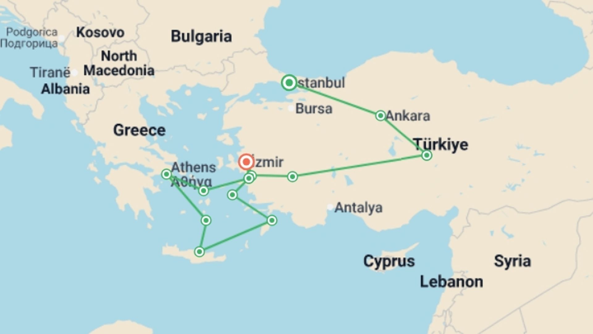 A map showing the tour itinerary for the trip: Istanbul to Izmir & Aegean Cruise - 10 days, starting in Istanbul, Turkey and ending in undefined, Turkey going through 8 other destinations.