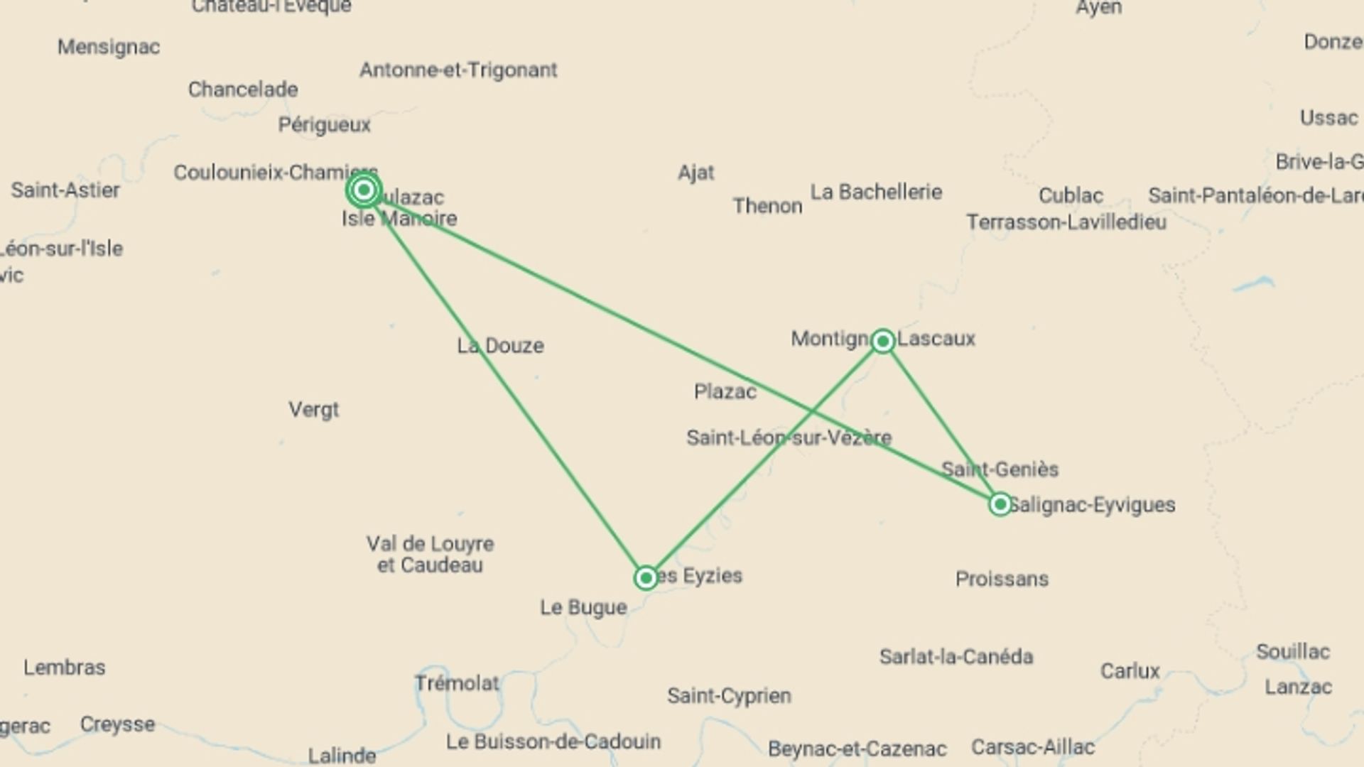 A map showing the tour itinerary for the trip: Dordogne Valleys and Villages Cycling, starting in Dordogne, France and ending in Dordogne, France going through 3 other destinations.
