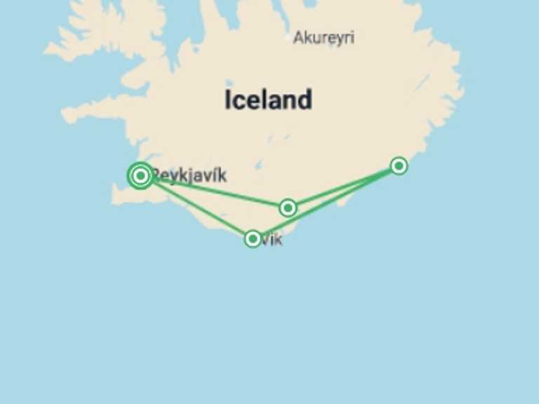 Map of 6-Day Reykjavik Tour with 5 destination visits for the trip: Hiking Southern Iceland