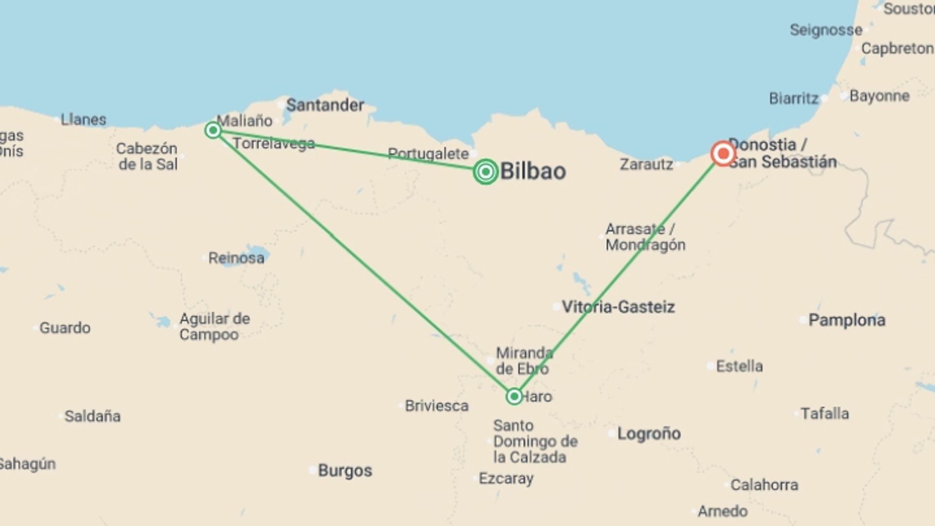 A map showing the tour itinerary for the trip: Signature: Northern Spain's Ancient Caves, Basque Coast & La Rioja, starting in Bilbao, Spain and ending in San Sebastian, Spain going through 2 other destinations.