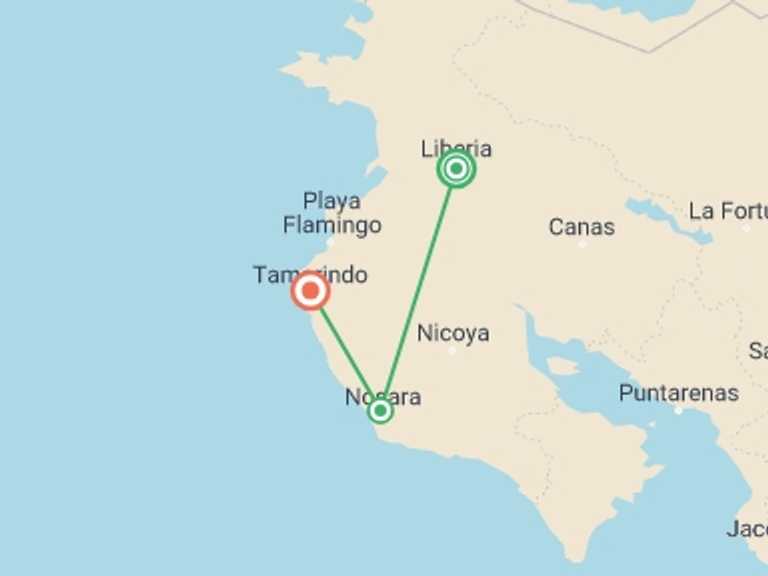 Map of Costa Rica Tour with 3 destination visits for the trip: Costa Rica: Beaches, Wildlife & Wild Times