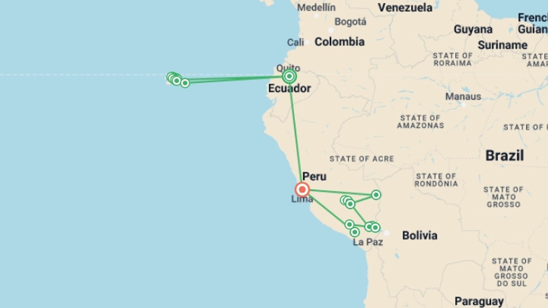 A map showing the tour itinerary for the trip: Galapagos Cruise & Peru in Depth (Grand Queen Beatriz), starting in Quito, Ecuador and ending in Lima, Peru going through 14 other destinations.