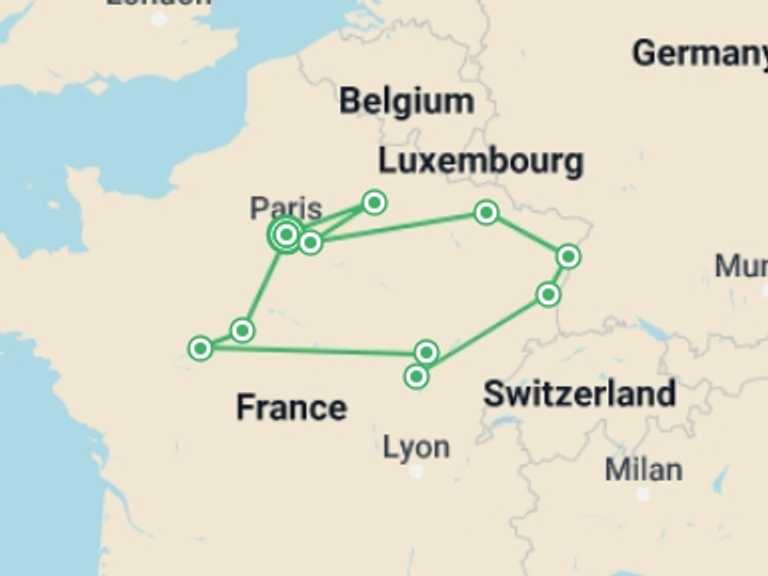 Map of France Local culture Tour with 5 destination visits for the trip: French Christmas Markets