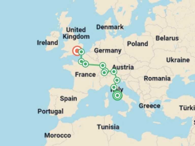 Map itinerary of Europe Tour in July 2026 with 7 destination visits for the trip: Genuine Europe
