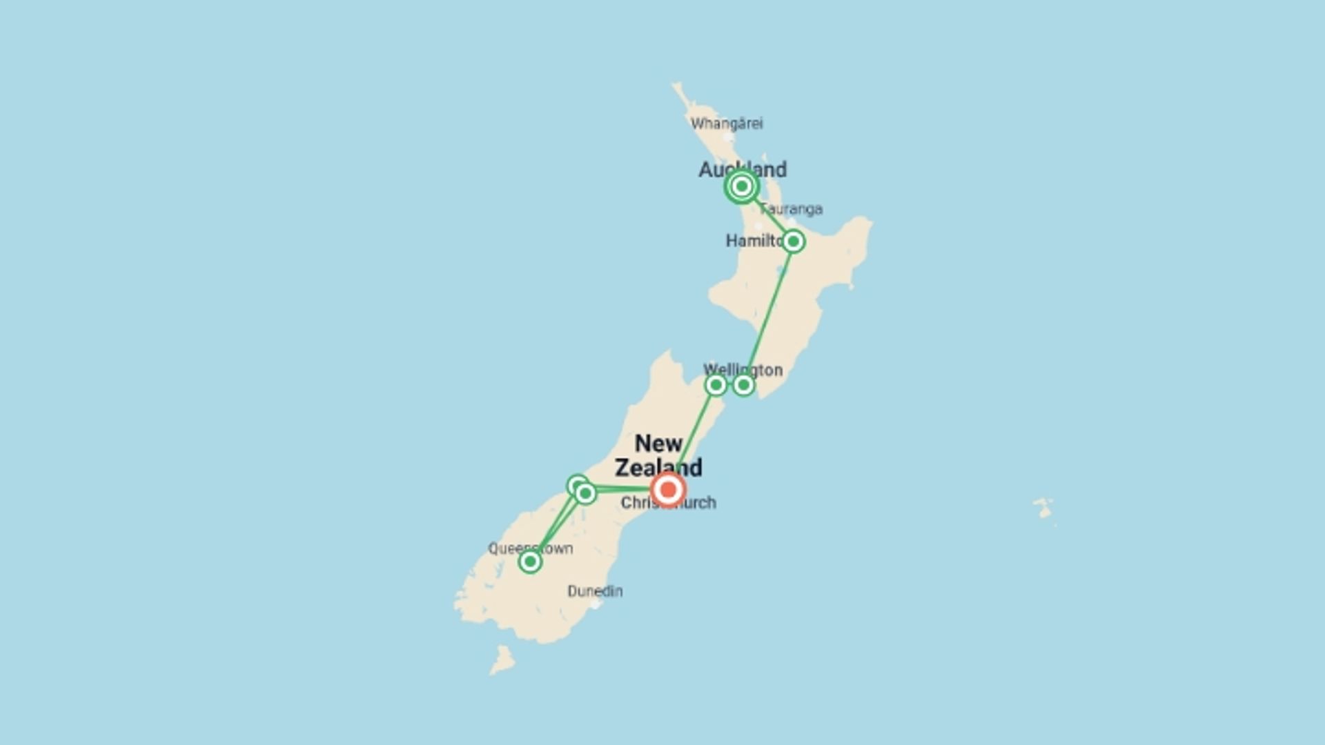 A map showing the tour itinerary for the trip: Auckland to Christchurch Self Drive, starting in Auckland, New Zealand and ending in Christchurch, New Zealand going through 6 other destinations.