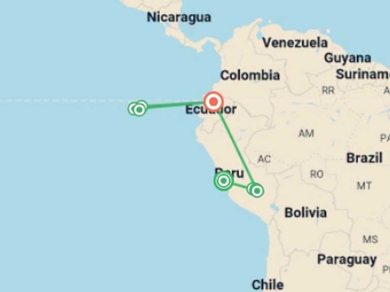 Map itinerary of Sacred Valley Tour in July 2026 with 9 destination visits for the trip: Machu Picchu & Galapagos Wonders featuring a 4-Night Cruise