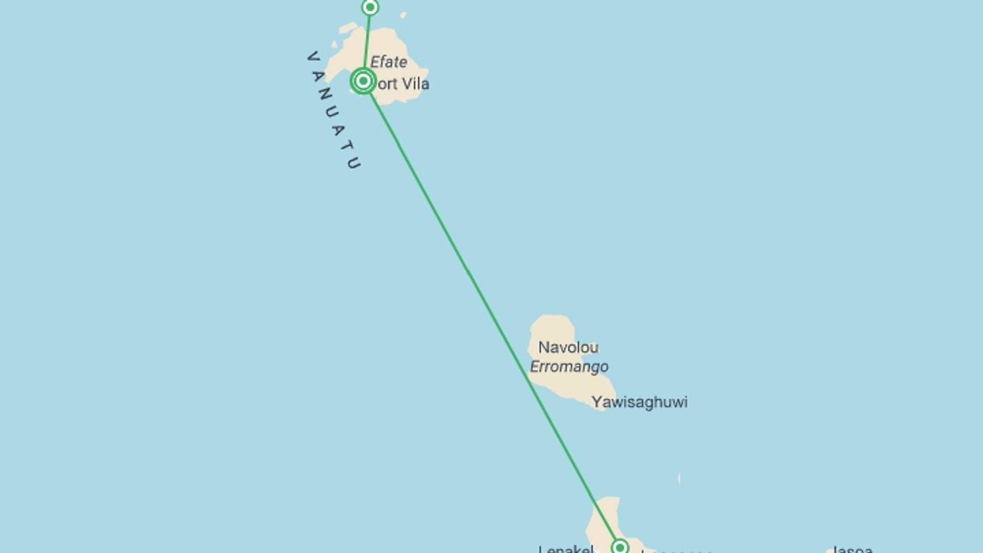 A map showing the tour itinerary for the trip: Vanuatu Expedition, starting in Port Vila, Vanuata and ending in Port Vila, Vanuata going through 2 other destinations.