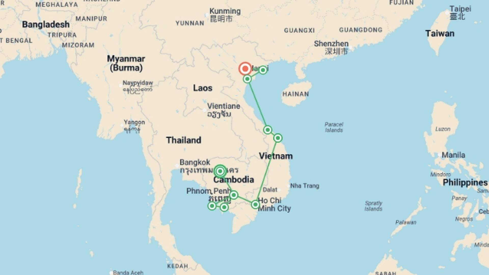A map showing the tour itinerary for the trip: Cambodia & Vietnam Explorer, starting in Siem Reap, Cambodia and ending in Hanoi, Vietnam going through 8 other destinations.
