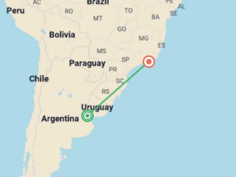 Map of Andes Tour with 2 destination visits for the trip: Marvelous Buenos Aires and Rio de Janeiro