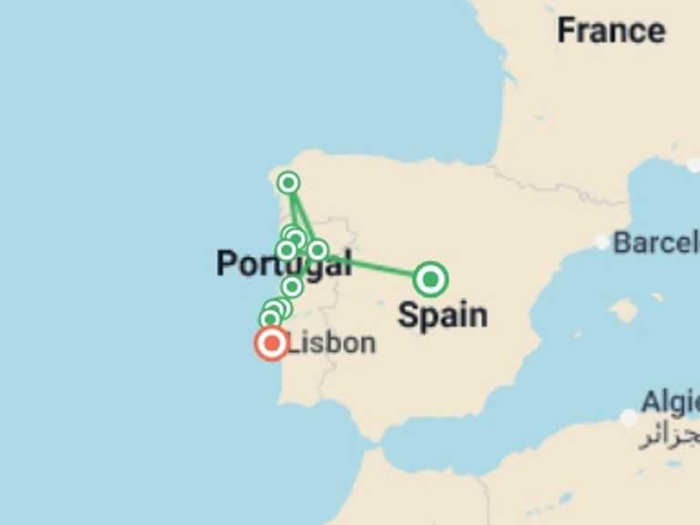 Map of Europe Tour with 4 destination visits for the trip: Portuguese Fado end Lisbon