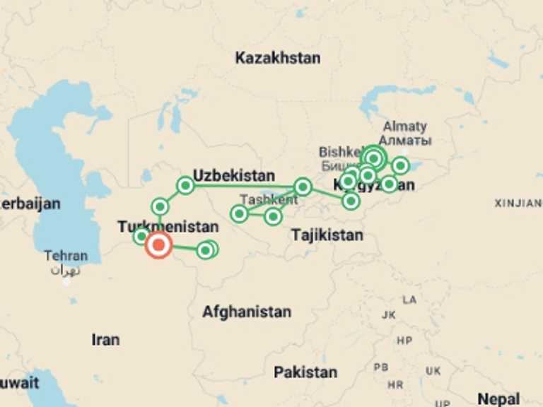 Map itinerary of Bishkek Tour in May 2026 with 15 destination visits for the trip: Bishkek to Ashgabat