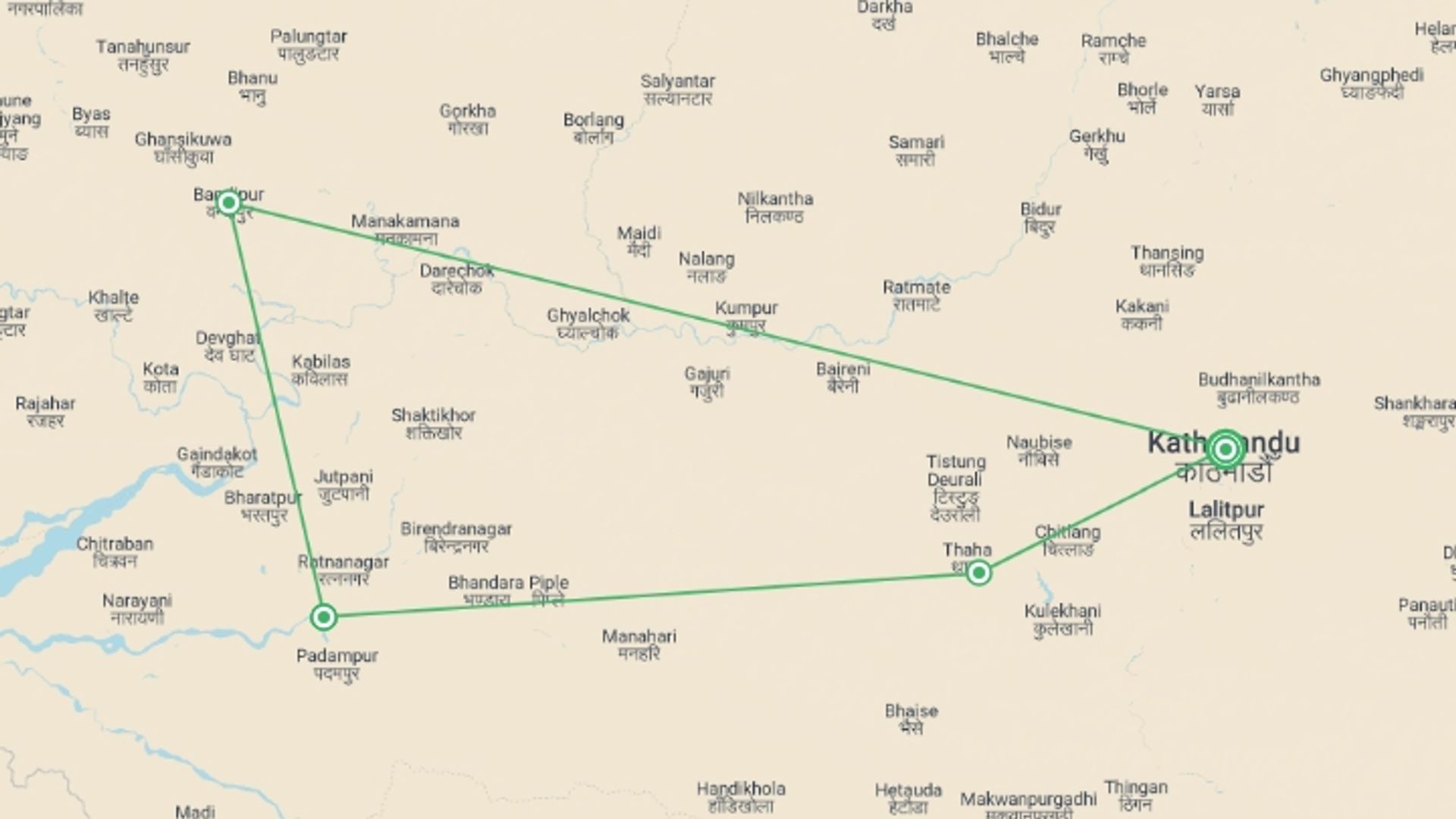 A map showing the tour itinerary for the trip: Nepal Holiday, starting in Kathmandu, Nepal and ending in Kathmandu, Nepal going through 2 other destinations.