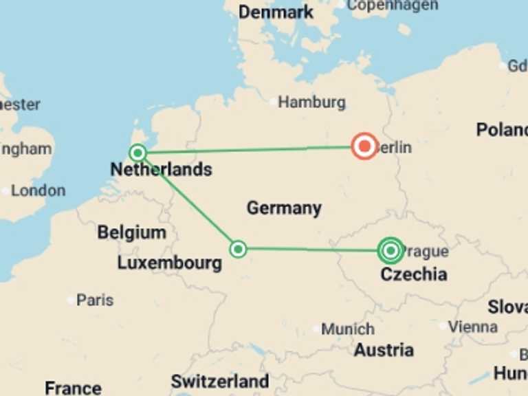 Map itinerary of Europe Tour in June 2026 with 4 destination visits for the trip: Prague to Berlin GO