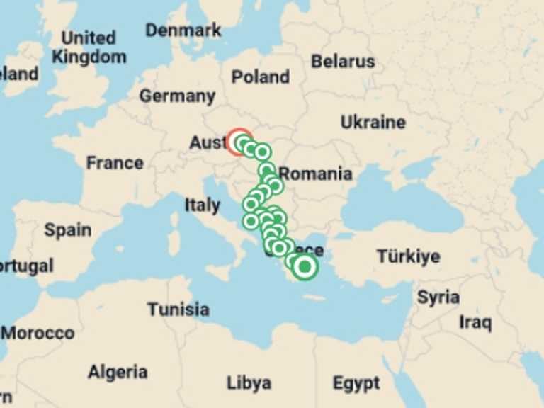 Map itinerary of Balkans Tour in August 2026 with 16 destination visits for the trip: Athens to Austria - 21 days