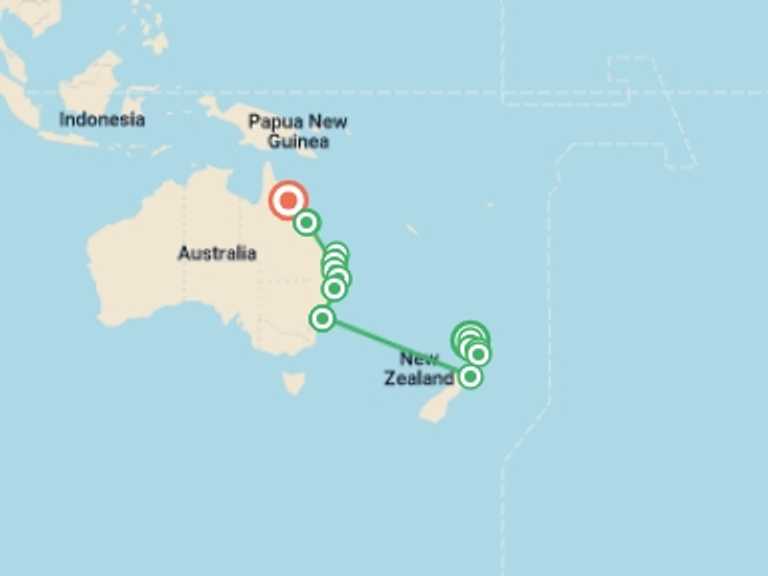 Map itinerary of Oceania Tour in Summer with 13 destination visits for the trip: Australia and New Zealand: Surfing Waves & The Whitsundays