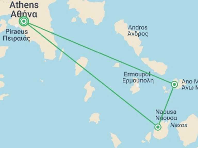 Map itinerary of Athens Tour in Summer with 3 destination visits for the trip: Cyclades Island Hopping: Athens, Mykonos And Paros