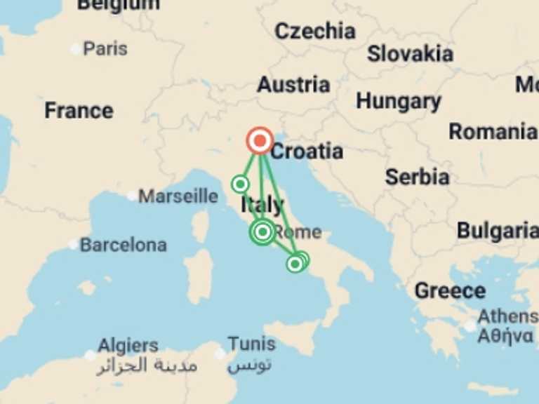 Map of Europe Tour with 6 destination visits for the trip: Highlights of Italy: Venice to the Amalfi Coast