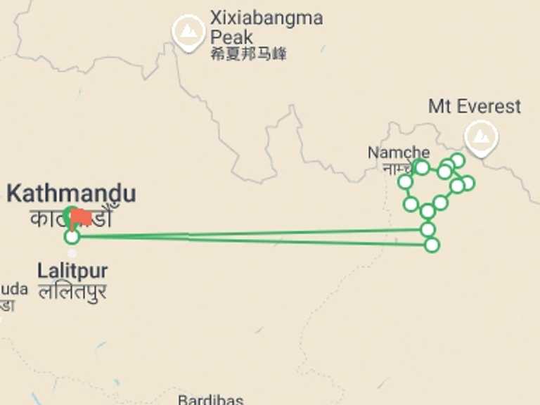 Map itinerary of Everest Base Camp - 3 Passes trek Tour in November 2025 with 15 destination visits for the trip: Everest Three High Passes Trek