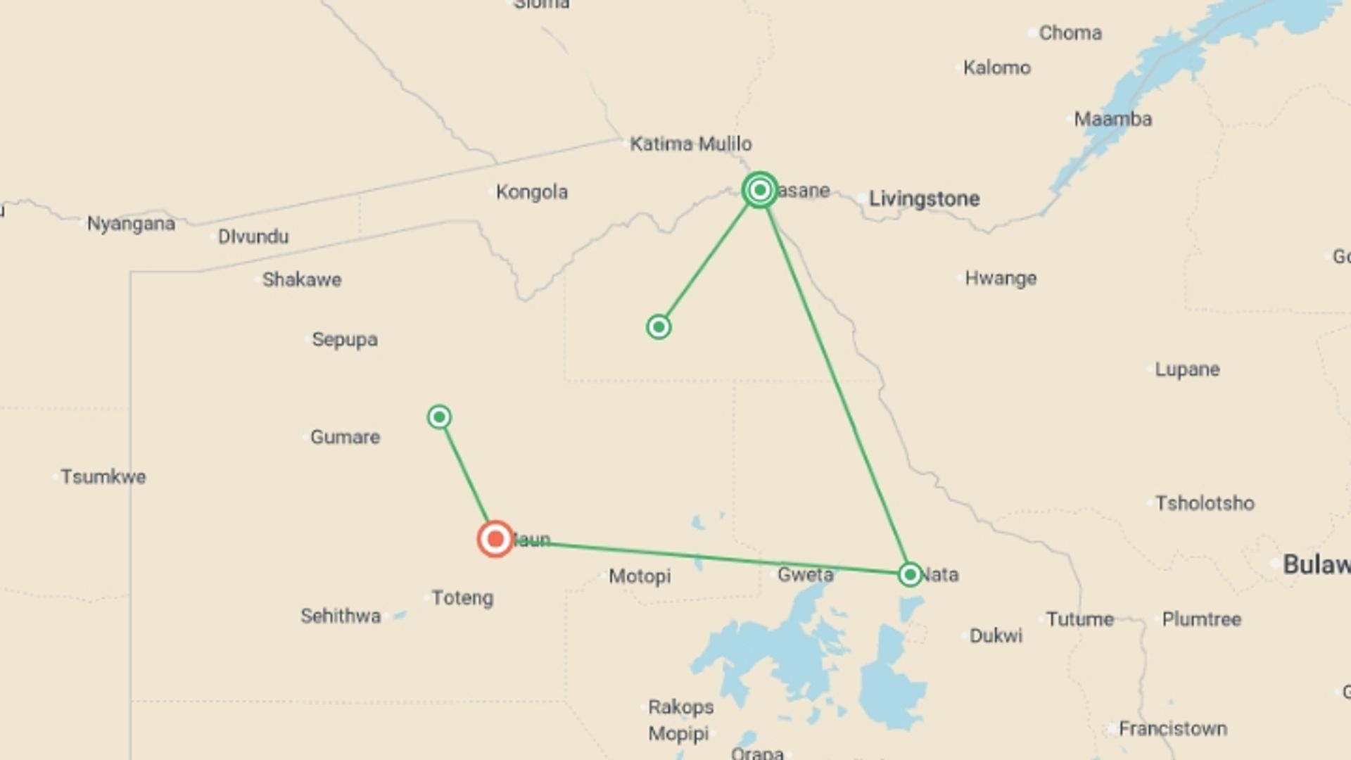 A map showing the tour itinerary for the trip: Complete Botswana: National Parks & Delta Wildlife, starting in Kasane, Botswana and ending in Maun, Botswana going through 3 other destinations.
