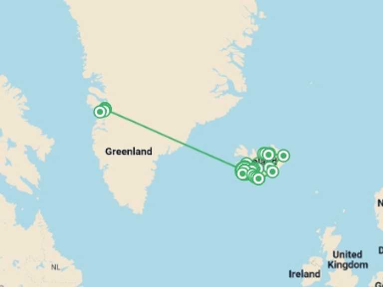 Map of 15-Day Europe Tour with 7 destination visits for the trip: Best of Iceland & Greenland - 15 days