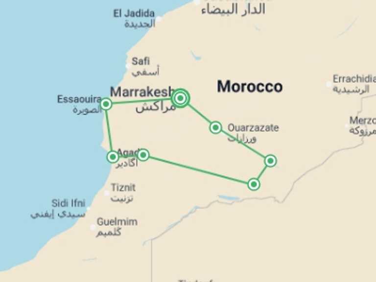 Map of 8-Day Marrakech Tour with 7 destination visits for the trip: Southern Morocco - 8 days