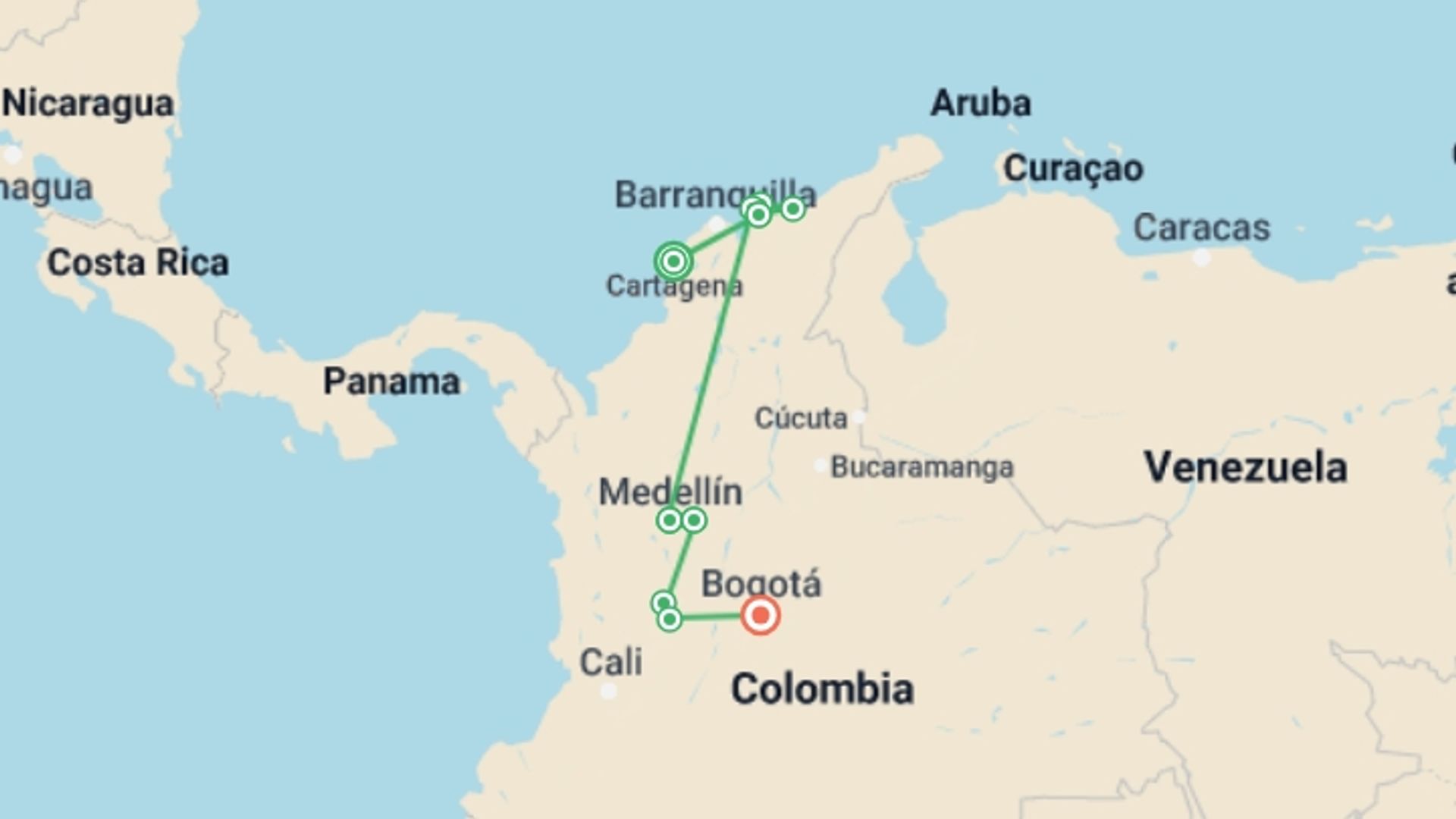 A map showing the tour itinerary for the trip: Complete Colombia: Coastal Caribbean & Inland Hidden Gems, starting in Cartagena, Colombia and ending in Bogota, Colombia going through 8 other destinations.