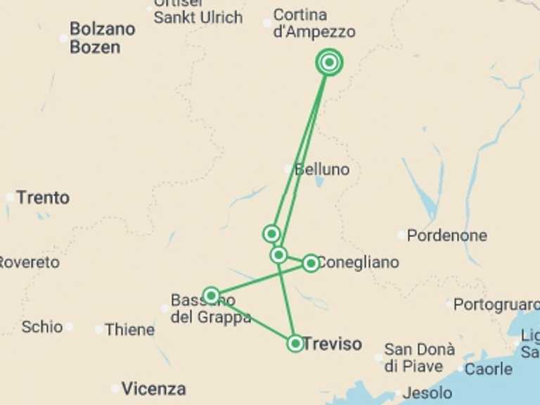 Map of Italy Tour with 7 destination visits for the trip: Walk The Prosecco Hills & Hidden Venice