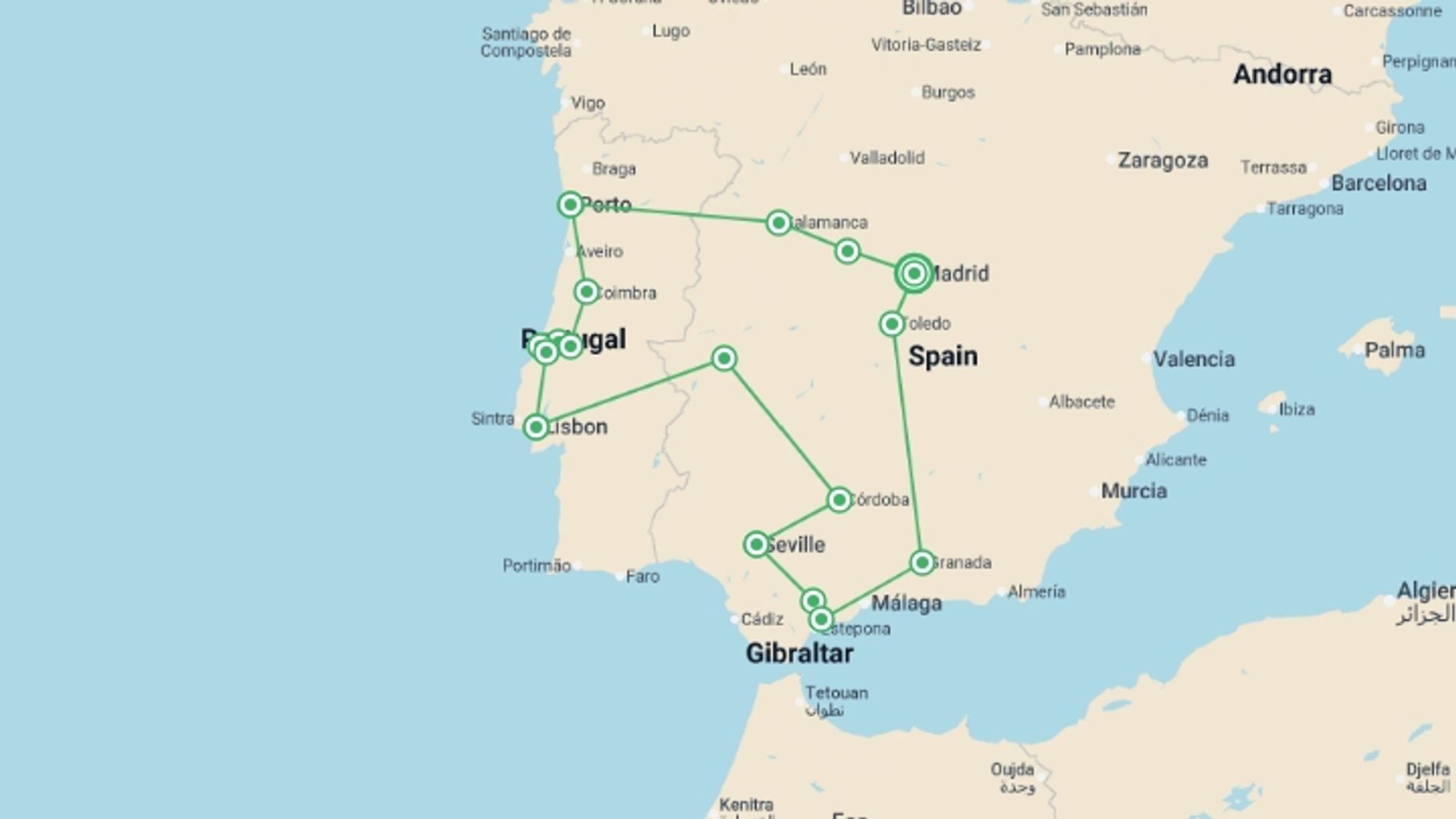 A map showing the tour itinerary for the trip: Portugal And Andalusia (multi Country), starting in Madrid, Spain and ending in Madrid, Spain going through 7 other destinations.