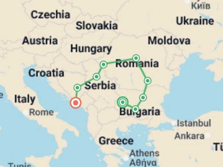 Map of Bulgaria and Croatia Tour with 9 destination visits for the trip: From Sofia to Dubrovnik