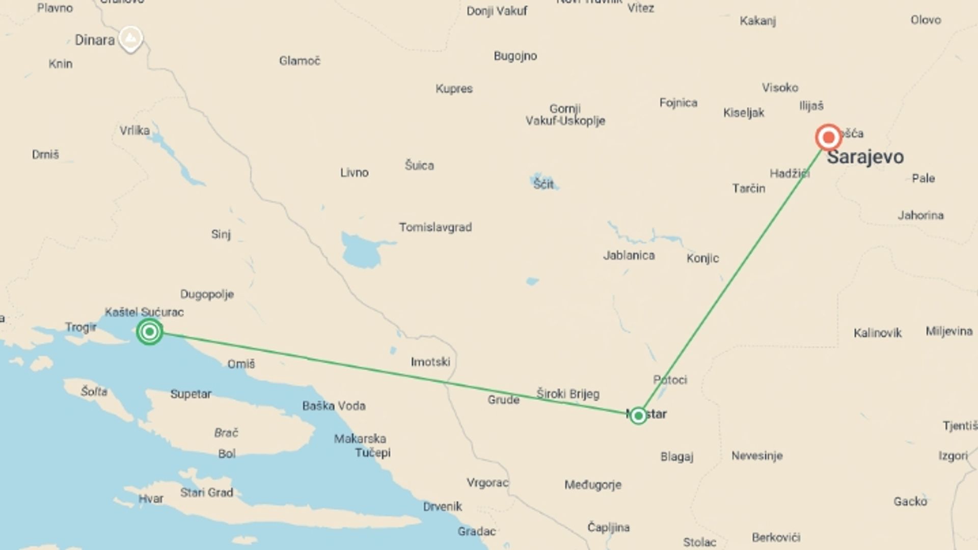 A map showing the tour itinerary for the trip: Split to Sarajevo - 4 days, starting in Split, Croatia and ending in Sarajevo, Bosnia Herzegovina going through 1 other destinations.