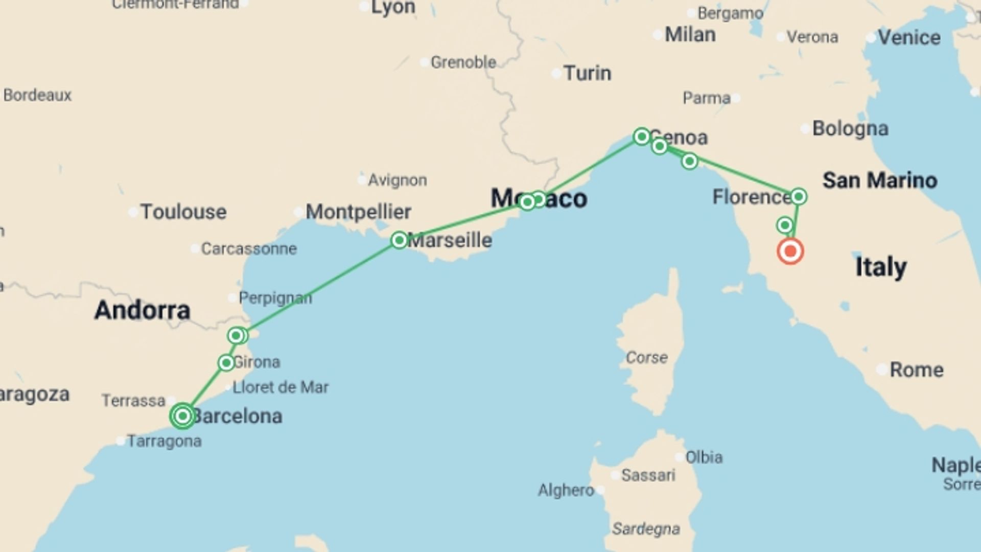 A map showing the tour itinerary for the trip: Mediterranean Coastal Journey Spain, France & Italy, starting in Barcelona, Spain and ending in Tuscany, Italy going through 6 other destinations.