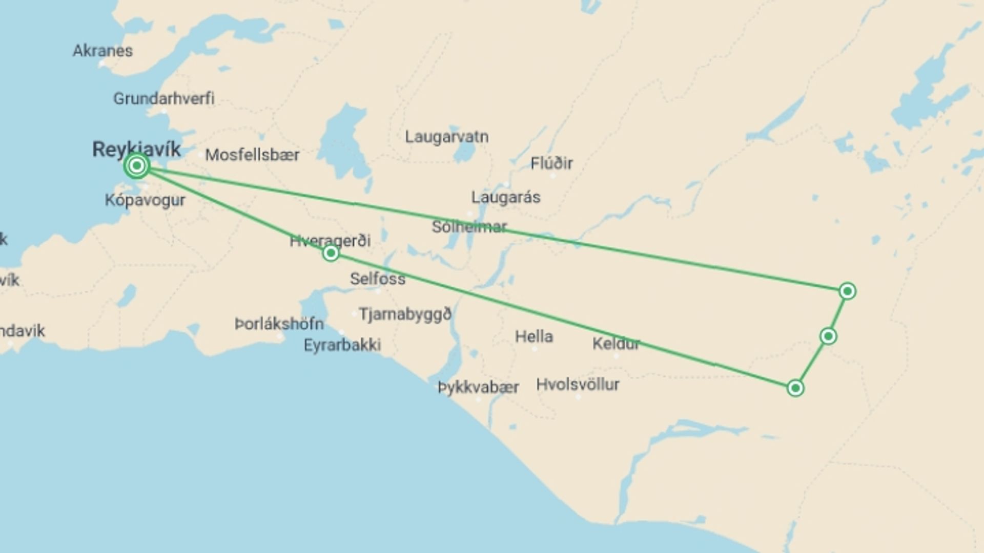 A map showing the tour itinerary for the trip: 5-Day Laugavegur Trek in Huts, starting in Reykjavik, Iceland and ending in Reykjavik, Iceland going through 5 other destinations.