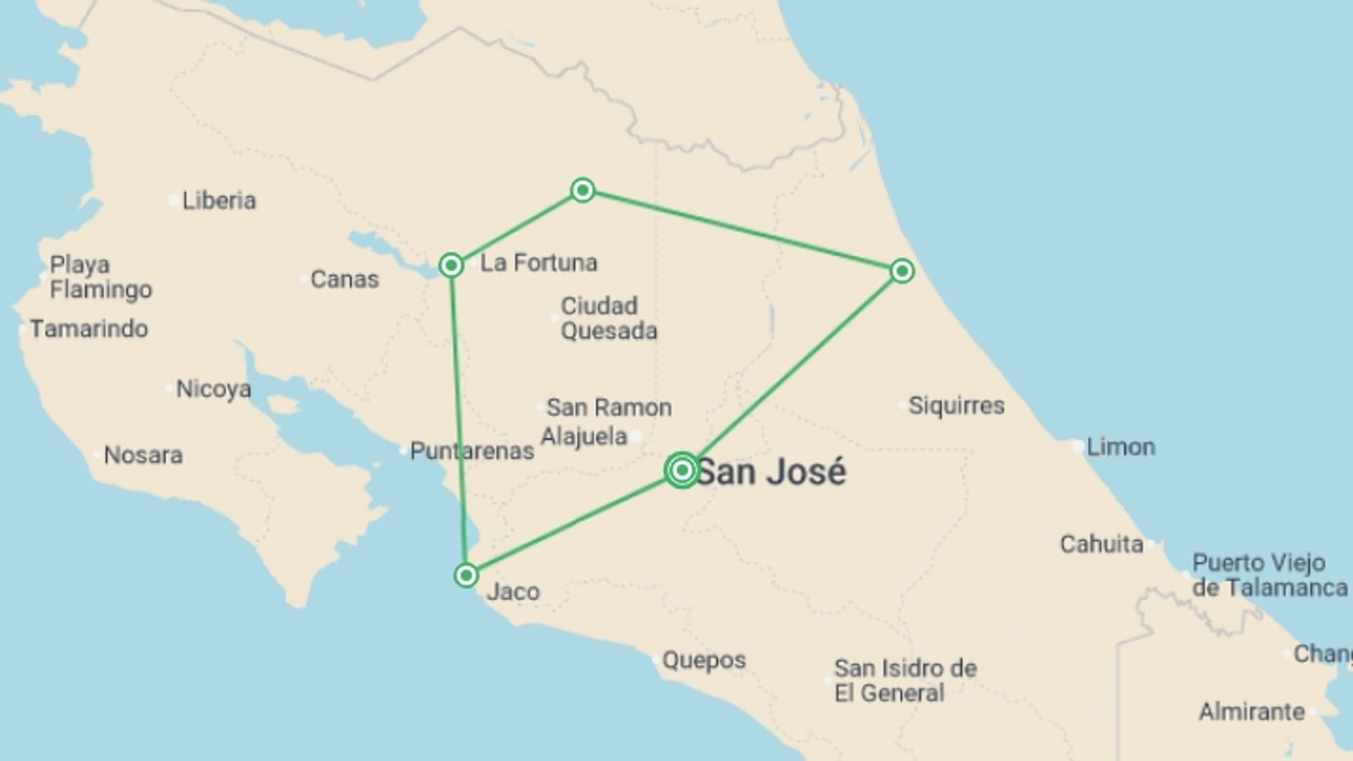 A map showing the tour itinerary for the trip: Costa Rica: A World of Nature featuring Tortuguero National Park, Arenal Volcano & Manuel Antonio National Park, starting in San Jose, Costa Rica and ending in San Jose, Costa Rica going through 4 other destinations.