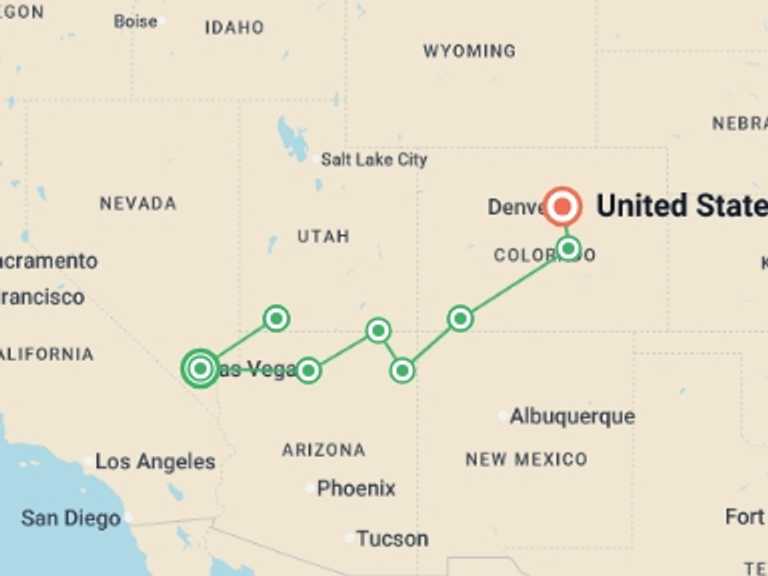 Map itinerary of USA Tour in Spring with 8 destination visits for the trip: Discover Southwestern USA
