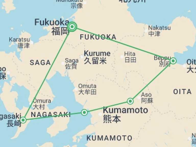 Map of Asia Tour with 5 destination visits for the trip: Highlights of Japan - Kyushu Island