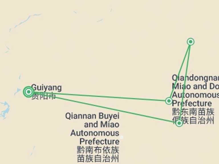 Map of China Tour with 4 destination visits for the trip: Guizhou & Mountain Tribes (4-5 Star) - 7 days