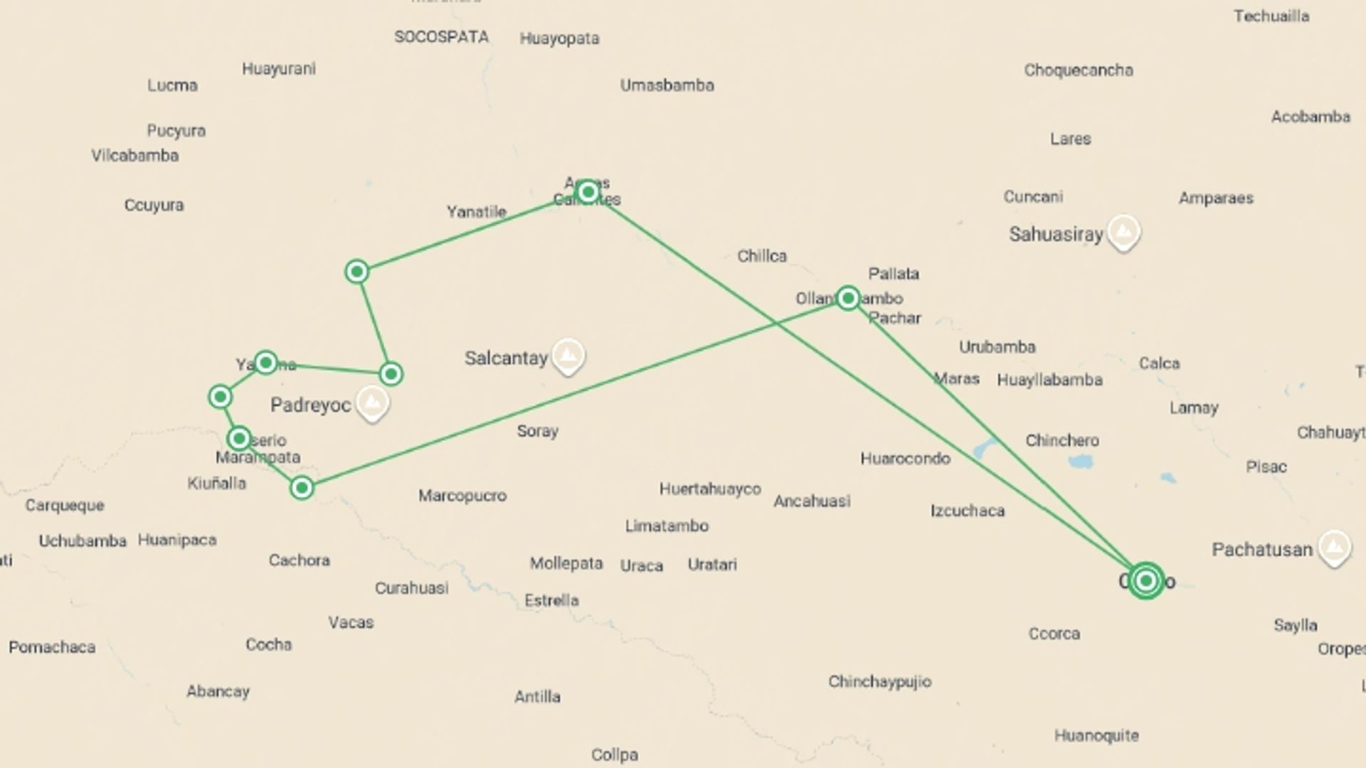 A map showing the tour itinerary for the trip: Inca Rivers Trek - Choquequirao to Machu Picchu, starting in Cusco, Peru and ending in Cusco, Peru going through 9 other destinations.