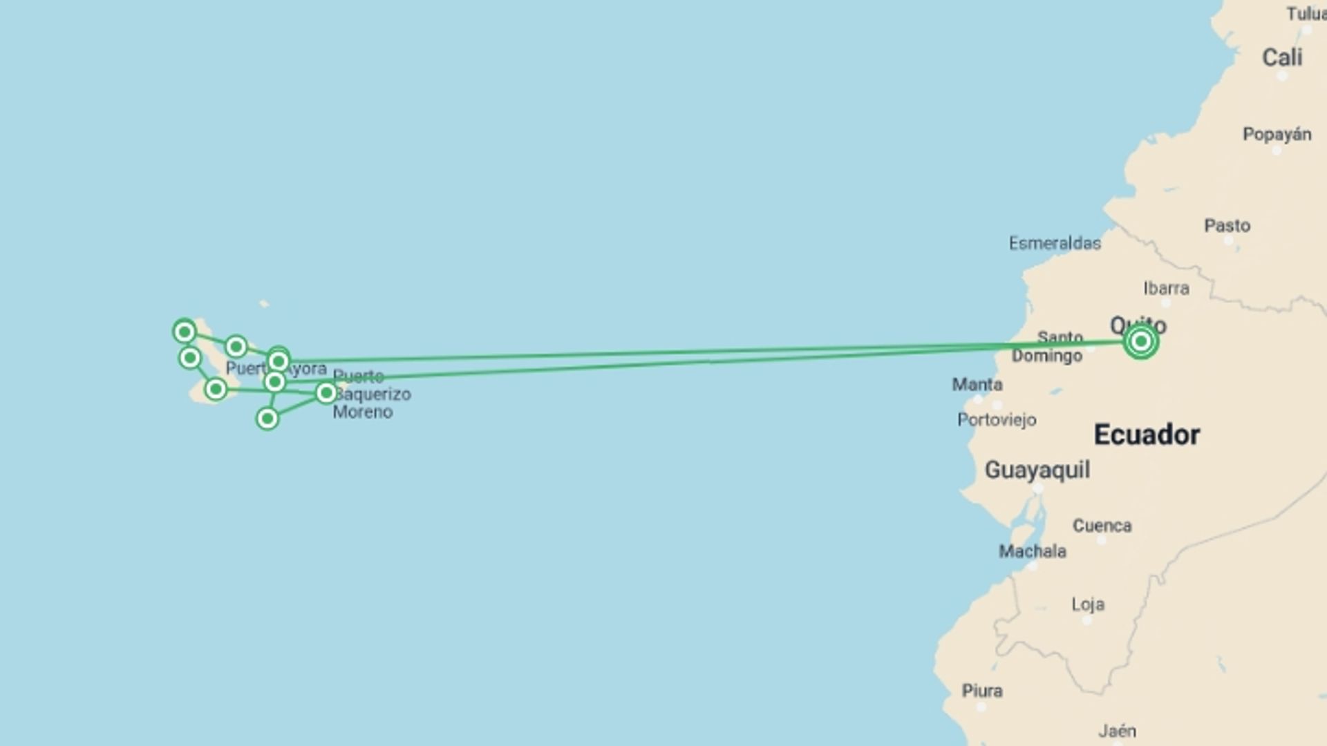 A map showing the tour itinerary for the trip: Galápagos – West and Central Islands aboard the Reina Silvia Voyager, starting in Quito, Ecuador and ending in Quito, Ecuador going through 7 other destinations.
