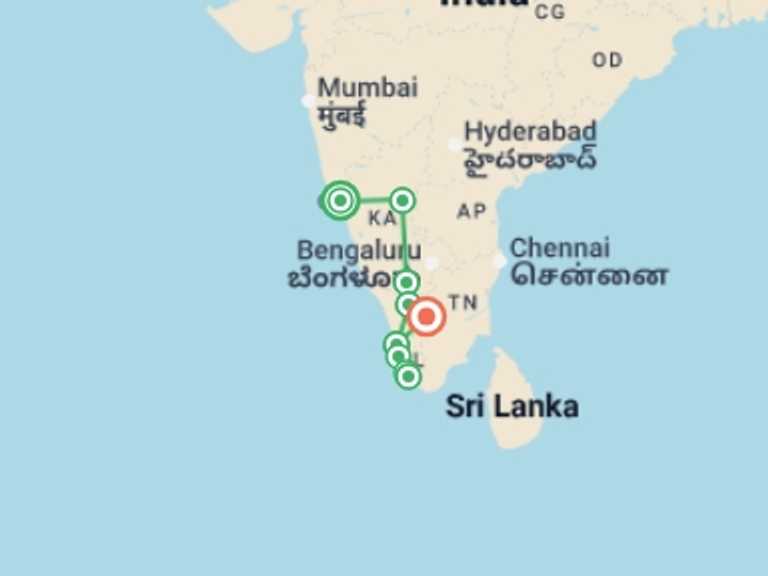 Map itinerary of India Tour in September 2027 with 9 destination visits for the trip: India: Kochi & Goa's Golden Beaches